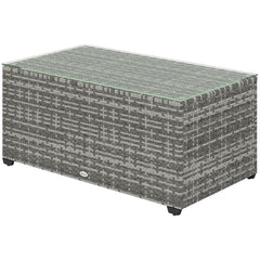 Wicker Outdoor Coffee Table, PE Wicker Rectangular Patio Table with Tempered Glass Top for Garden, Balcony, Dark Grey