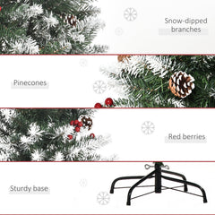 5ft Decorated Christmas Tree with Red Berries and Pine Cones, Flocked Christmas Tree with Pencil Shape, Green