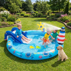 Marine Life Inflatable Play Centre with Shark Slide, Lighthouse Sprayer and Fishing Game
