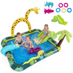 Jungle Animal Inflatable Play Centre with Slide, Giraffe Sprinkler and Ring Toss
