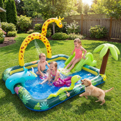 Jungle Animal Inflatable Play Centre with Slide, Giraffe Sprinkler and Ring Toss