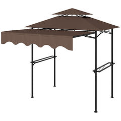 8' x 7.6' Grill Gazebo, Double Tiered Barbecue Grill Gazebo Shelter w/ Side Awning, 2 Side Shelves, 6 Hooks, Beige