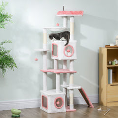 65 Inch Cat Tree with 2 Doors Condos, Plush Top Perch, Hammock, Sisal Scratching Posts, 4 Pompoms, Ramp, Grey
