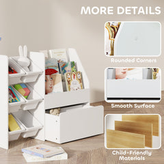 Kids Bookshelf and Toy Storage, 3-Tier Bookcase with 6 Removable Bins and Box for Toddler Nursery Playroom, White