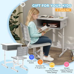 Kids Desk and Chair Set, Height Adjustable Children Study Desk and Chair with Drawer, Study Table for Bedroom, Grey