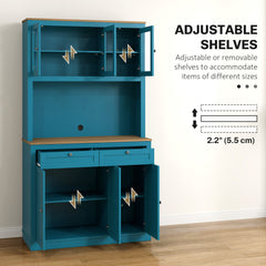 71" Pantry Cabinet with Microwave Space, Buffet with Hutch, 2 Drawers, Adjustable Shelves and Glass Doors, Blue