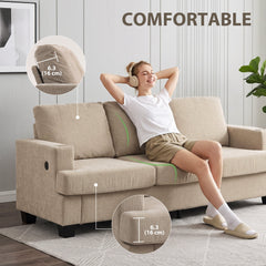 3 Seater Sofa with USB Ports & Cup Holders, Chenille-Feel Upholstered Couch for Living Room, Grey