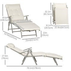 Lounge Chair Outdoor, Folding Patio Chaise Lounger, 360 lbs 7-Position Adjustable Back Outdoor Recliner with Cushion, Headrest for Garden, Backyard, Poolside, Cream White
