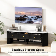 TV Stand, Modern TV Table with Marble-Effect Top, 3 Drawers and 2 Open Shelves for 32-65 Inch Television, Natural