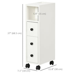 Slim Bathroom Cabinet with Wheels, Narrow Bathroom Storage Cabinet with Door, Drawer and 2 Open Compartments, White