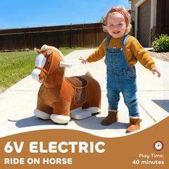 Electric Ride on Horse, Battery Powered Ride on Toy with Washable Cover and Quiet Wheels, Brown