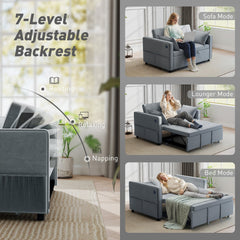 3‑in‑1 Convertible Sofa Bed, Pull Out Sleeper Sofa with USB Charging, Adjustable Backrest, Side Pockets, Beige