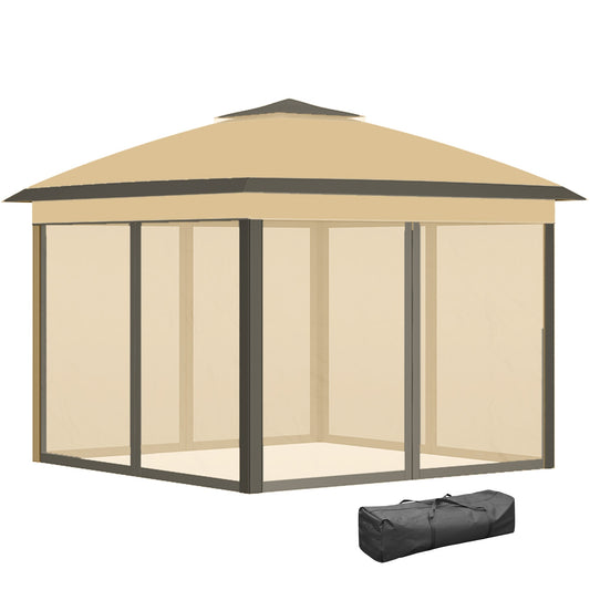 11' x 11' Pop Up Gazebo, Double Roof Foldable Height Adjustable Canopy Tent with Mesh Sidewalls, Carrying Bag, Beige