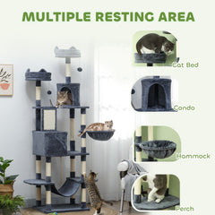 81" Large Cat Tree w/ Scratching Posts, Condos, Beds, Hammocks, Jumping Platforms, Toy Balls, Rope Cat Toy, Beige