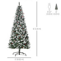 5ft Decorated Christmas Tree with Red Berries and Pine Cones, Flocked Christmas Tree with Pencil Shape, Green