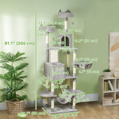 81" Large Cat Tree w/ Scratching Posts, Condos, Beds, Hammocks, Jumping Platforms, Toy Balls, Rope Cat Toy, Beige