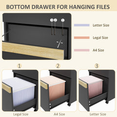 Mobile Filing Cabinet with 2 Drawers, Office Storage Cabinet with 5 Wheels, Black Wood Grain