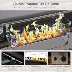 Propane Fire Pit Table 43in Outdoor Fire Table, 50,000 BTU Pulse-Ignition Wicker Firepit Furniture with Glass Wind Guard, Blue Glass Rock, CSA Certification, Black