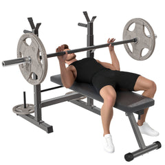 Adjustable Weight Bench, Foldable Bench Press with Barbell Rack and Dip Station for Home Gym, Strength Training Multiuse Workout Bench, Black