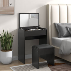 Modern Vanity Set with Makeup Table and Cushioned Stool, Dressing Table with Flip Top and Mirror for Bedroom, White