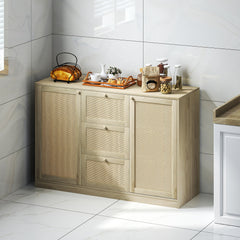 Boho Sideboard Buffet Cabinet, Kitchen Coffee Bar Cabinet with 3 Drawers, 2 Adjustable Shelves and 4 Racks, Natural
