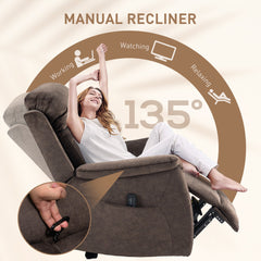 Manual Recliner Chair with Vibration Massage, Reclining Chair for Living Room with Side Pockets, Brown