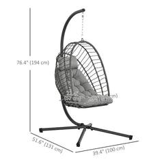 Hanging Egg Chair with Stand, Foldable Wicker Rattan Swing Chair with Thick Cushion, Light Grey