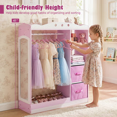 Kids Dress Up Storage with Full Length Mirror and Open Shelves-Pink
