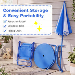 Kids Outdoor Table and Chair Set with 2 Folding Chairs and Height Adjustable Umbrella-Navy