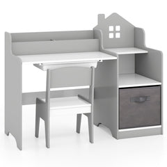 Kids Study Desk and Chair Set with Open Shelves Drawer and Fabric Storage Bin-Gray