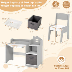 Kids Study Desk and Chair Set with Open Shelves Drawer and Fabric Storage Bin-Gray
