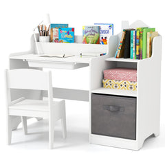 Kids Study Desk and Chair Set with Open Shelves Drawer and Fabric Storage Bin-White