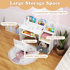 Kids Study Desk and Chair Set with Open Shelves Drawer and Fabric Storage Bin-White