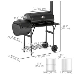 Portable Outdoor Charcoal BBQ Grill with Offset Smoker, Barbecue Grill with Spacious Cooking Area, 2 Shelves, Thermometer, Wheels for Patio Backyard Party, Black