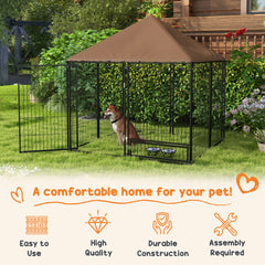 4.6' x 4.6' x 5' Outdoor Dog Kennel with Canopy, Rotating Bowls, Coffee