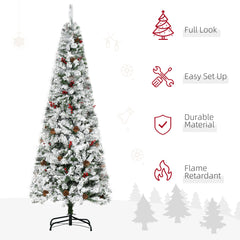 6 Foot Pencil Snow Flocked Artificial Christmas Tree with 600 Pine Realistic Branches, Pine Cones, Red Berries, Auto Open, Green