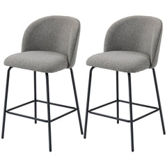 Set of 2 Counter Height Barstools, Upholstered Linen Bar Stools with Backrest, Footrest and Steel Legs, Dark Grey