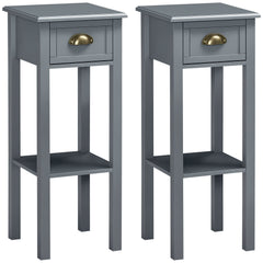 2 Tier Side Table, Set of 2, Narrow Tall End Table with Drawer and Shelf, Slim Wooden Nightstand for Living Room, Bedroom, Hallway, White