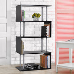 5-Tiers Geometric Wooden Bookcase S-Shaped Storage Bookshelf Display with Metal Frame for Living Room, Bedroom, Home Office, White