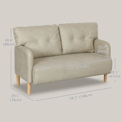 58" 2 Seat Sofa, Modern Love Seats Furniture, Upholstered 2 Seater Couch, Solid Wood Frame, Beige