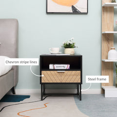 Modern Bedside Table with Drawer, Nightstand with Storage Shelf, Sofa End Table for Bedroom, Black and Oak