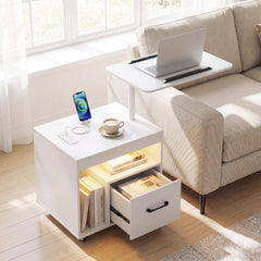 LED Nightstand with Power Outlets Modern Bedside Table with Flip over-White