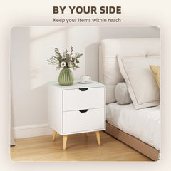 Modern Bedside Table, Nightstand with 2 Drawers and Pine Wood Legs for Bedroom, Living Room, White