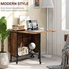 Folding Dining Table, Extendable Kitchen Table for Small Spaces with Storage Shelf and 6 Wheels, Distressed Grey