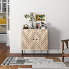 Modern Sideboard, Buffet Cabinet with 2 Chevron Doors and Adjustable Shelf, Kitchen Storage Cabinet with Steel Base, Coffee Bar Cabinet, 31.5" H, Oak