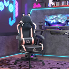 Cute Racing Gamer Chair, Faux Leather Gaming Chair with Footrest, Headrest and Lumbar Support, Black