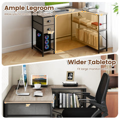 L Shaped Desk with Charging Station Corner Computer Desk with 2 Fabric Drawers-Oak