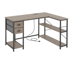 L Shaped Desk with Charging Station Corner Computer Desk with 2 Fabric Drawers-Oak