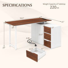 L-Shaped Desk with File Cabinet and Power Outlet Reversible Corner Computer Desk-White