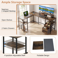 L Shaped Desk with Power Outlet Reversible Computer Desk with Monitor Stands-Rustic Brown
